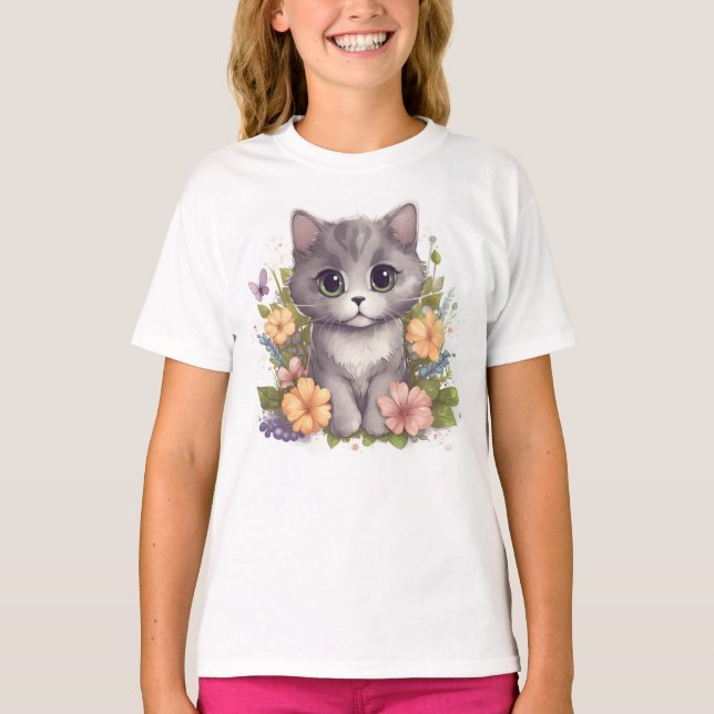 Cute Kawaii Grey Kitten with Flowers T-Shirt (Front)