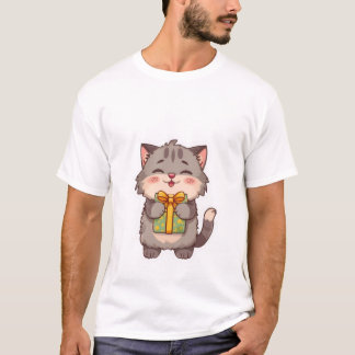 Cute Kawaii Grey Kitty Hugging Floral Gift Box ✨🎁 T-Shirt