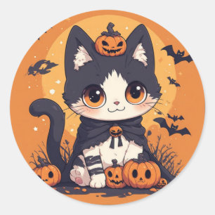Cute Kawaii Halloween Cat With Pumpkins And Bats Classic Round Sticker
