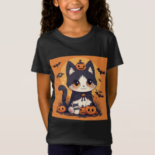 Cute Kawaii Halloween Cat With Pumpkins And Bats T-Shirt