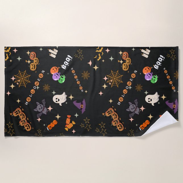 Cute Kawaii Halloween Doodles Spooky Pattern Beach Towel (Front)