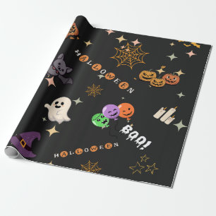 Cute Kawaii Halloween Doodles Spooky Pattern Wrapp Wrapping Paper