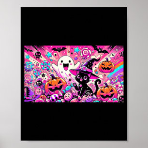 Cute Kawaii Halloween Ghost And Black Cat Art Poster