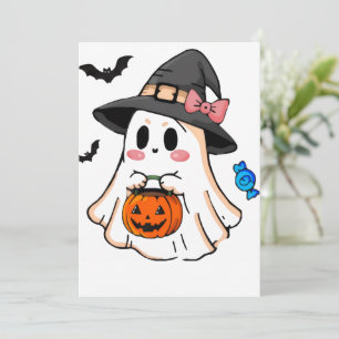 Cute Kawaii Halloween Ghost in Witch Hat with Pump Invitation