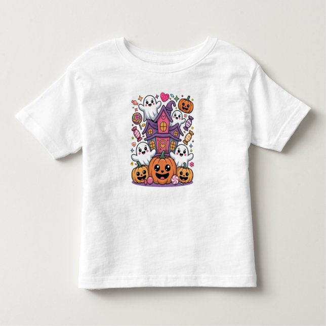 Cute Kawaii Halloween |  Happy Ghosts & Pumpkins Toddler T-Shirt (Front)