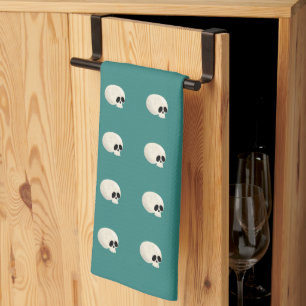 Cute Kawaii Halloween Skull Polka Dots mid green Tea Towel
