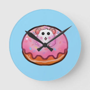 Cute Kawaii Hamster in Pink Frosted Donut Art Round Clock