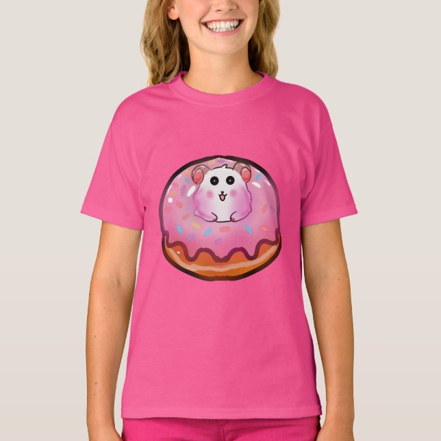Cute Kawaii Hamster in Pink Frosted Donut Art T-Shirt (Front)