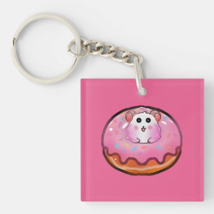 Cute Kawaii Hamster in Pink Frosted Doughnut Art Key Ring