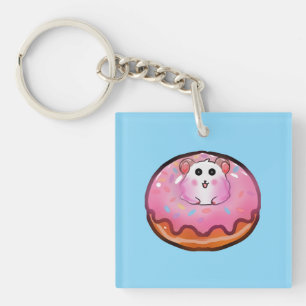 Cute Kawaii Hamster in Pink Frosted Doughnut Art Key Ring
