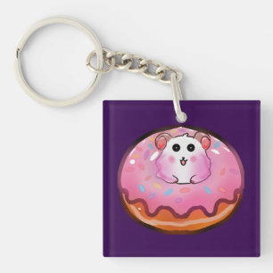 Cute Kawaii Hamster in Pink Frosted Doughnut Art Key Ring