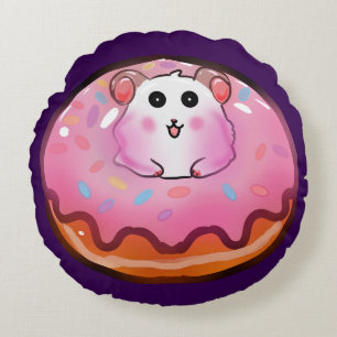 Cute Kawaii Hamster in Pink Frosted Doughnut Art Round Cushion