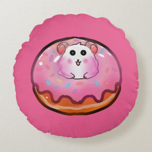 Cute Kawaii Hamster in Pink Frosted Doughnut Art Round Cushion
