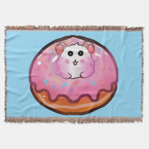 Cute Kawaii Hamster in Pink Frosted Doughnut Art Throw Blanket