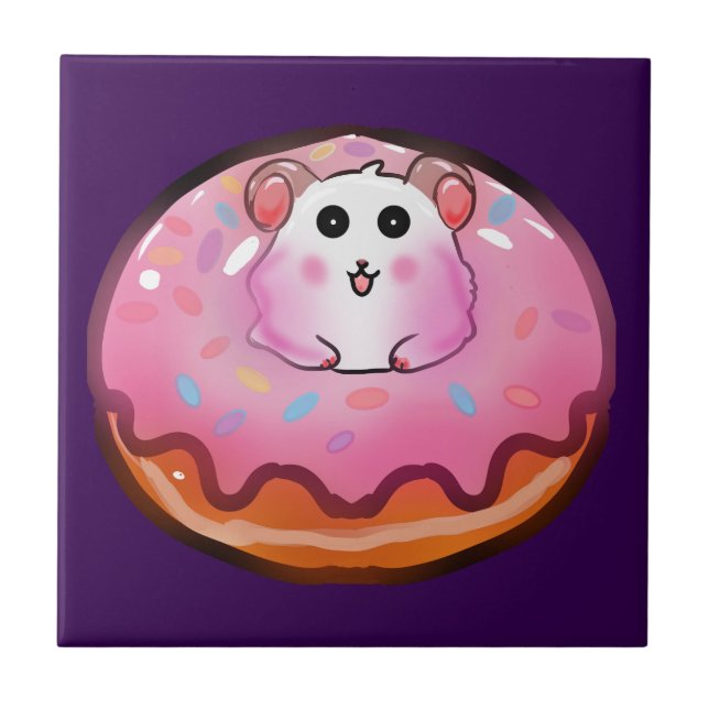 Cute Kawaii Hamster in Pink Frosted Doughnut Art Tile (Front)