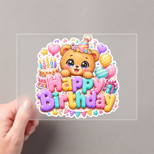 Cute Kawaii Happy Birthday Teddy Bear Pastel Pink  Acrylic Invitations