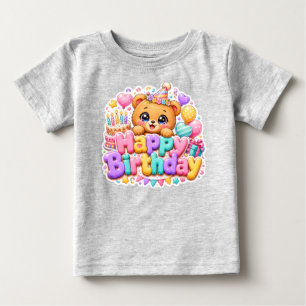 Cute Kawaii Happy Birthday Teddy Bear Pastel Pink  Baby T-Shirt