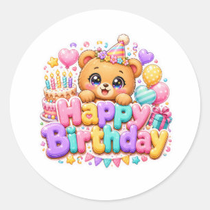 Cute Kawaii Happy Birthday Teddy Bear Pastel Pink  Classic Round Sticker