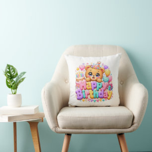 Cute Kawaii Happy Birthday Teddy Bear Pastel Pink  Cushion