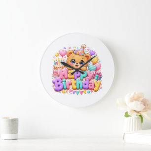 Cute Kawaii Happy Birthday Teddy Bear Pastel Pink Large Clock
