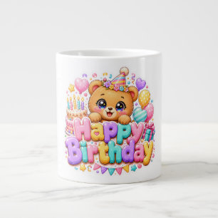 Cute Kawaii Happy Birthday Teddy Bear Pastel Pink Large Coffee Mug