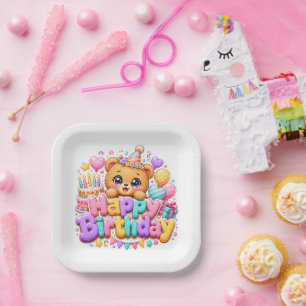 Cute Kawaii Happy Birthday Teddy Bear Pastel Pink  Paper Plate