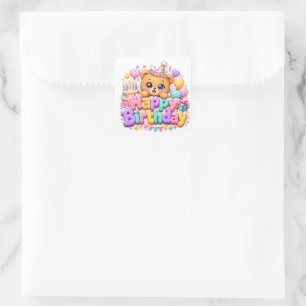 Cute Kawaii Happy Birthday Teddy Bear Pastel Pink  Square Sticker
