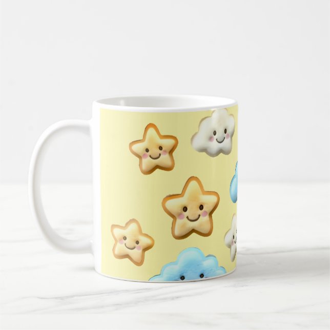 Cute Kawaii Happy Clouds & Stars Pattern Baby  Coffee Mug (Left)