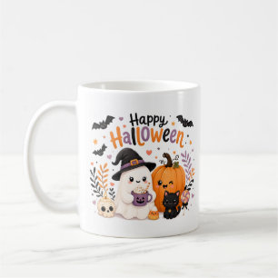Cute Kawaii Happy Halloween Ghost and Pumpkin Coffee Mug