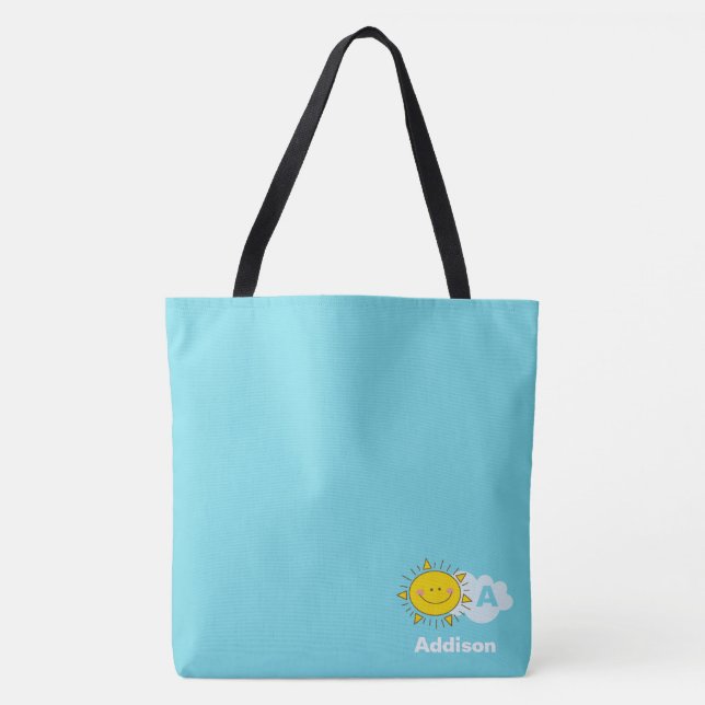 Cute Kawaii Happy Sunshine Monogram Add Your Name Tote Bag (Front)