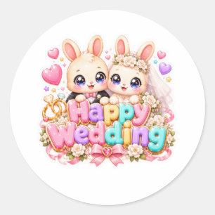 Cute Kawaii Happy Wedding Bunny Couple Pastel Pink Classic Round Sticker