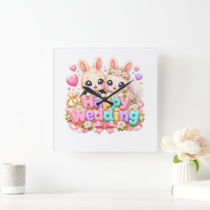 Cute Kawaii Happy Wedding Bunny Couple Pastel Pink Square Wall Clock