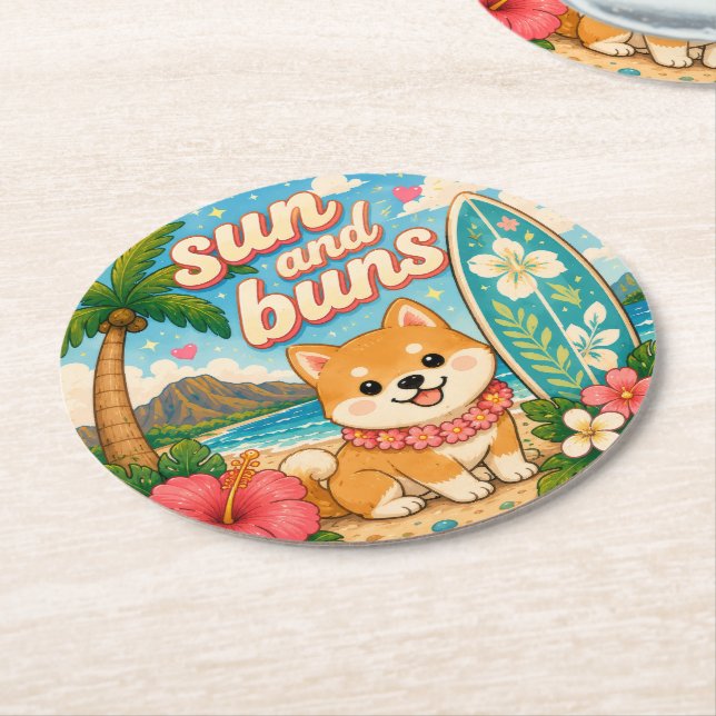 cute kawaii hawaii  round paper coaster (Angled)