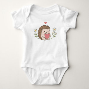 Cute Kawaii Hedgehog Holding Heart Daisy Flower Baby Bodysuit