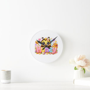 Cute Kawaii Honey Bee Name Pastel Pink Sparkling B Round Clock