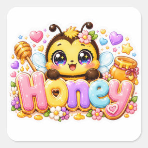 Cute Kawaii Honey Bee Name Pastel Pink Sparkling B Square Sticker