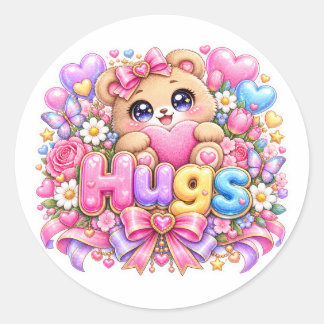Cute Kawaii Hugs Teddy Bear Pastel Pink Floral Lov Classic Round Sticker