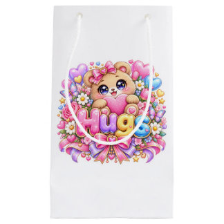 Cute Kawaii Hugs Teddy Bear Pastel Pink Floral Lov Small Gift Bag
