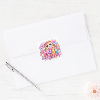 Cute Kawaii Hugs Teddy Bear Pastel Pink Floral Lov Square Sticker