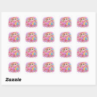 Cute Kawaii Hugs Teddy Bear Pastel Pink Floral Lov Square Sticker