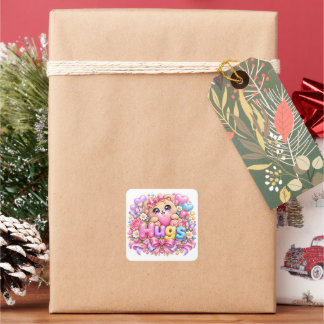 Cute Kawaii Hugs Teddy Bear Pastel Pink Floral Lov Square Sticker