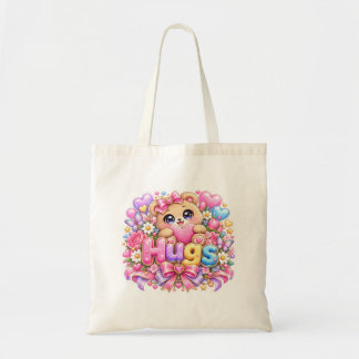 Cute Kawaii Hugs Teddy Bear Pastel Pink Floral Lov Tote Bag