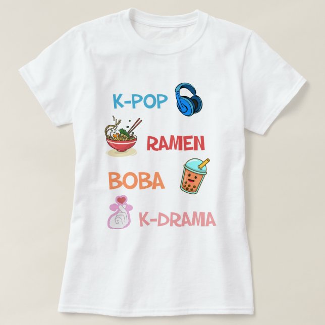  Cute Kawaii K-Pop Ramen Boba Bubble Tea K-Drama T-Shirt (Design Front)