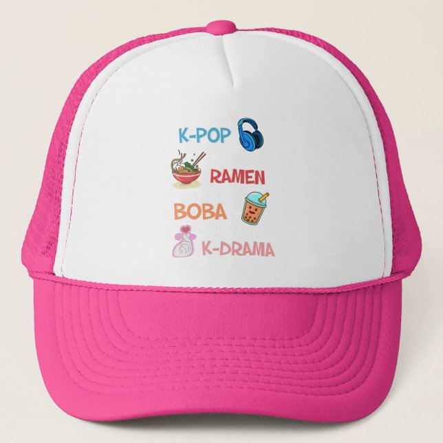 Cute Kawaii K-Pop Ramen Boba Bubble Tea K-Drama Trucker Hat (Front)