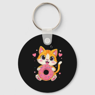 Cute Kawaii Kitten Holding Doughnut Funny Graphic  Key Ring