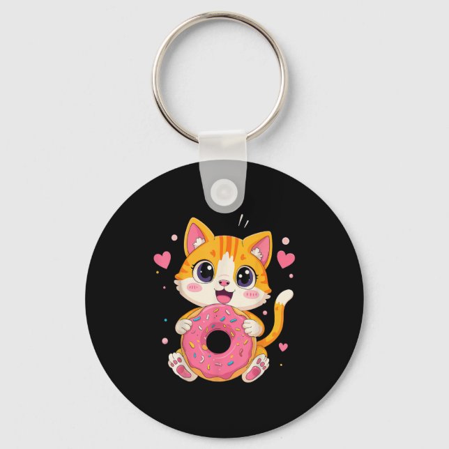 Cute Kawaii Kitten Holding Doughnut Funny Graphic  Key Ring (Front)