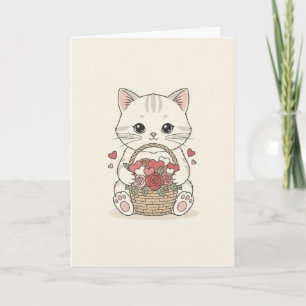 Cute Kawaii Kitten Rose Heart Basket Illustration Card