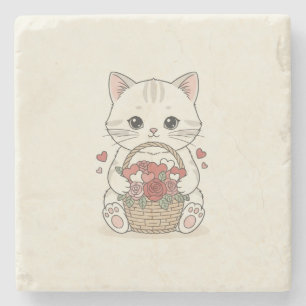 Cute Kawaii Kitten Rose Heart Basket Illustration Stone Coaster