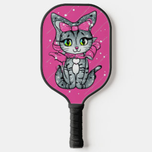 Cute Kawaii Kitten with a Glitter Pink Background Pickleball Paddle