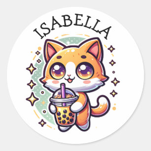 Cute Kawaii Kitten with Bubble Tea Personalised Classic Round Sticker